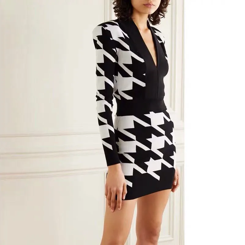 

autumn Knitted dress women winter sexy v-neck houndstooth long sleeve plaid high waist elegant bodycon mini dresses vestido ropa