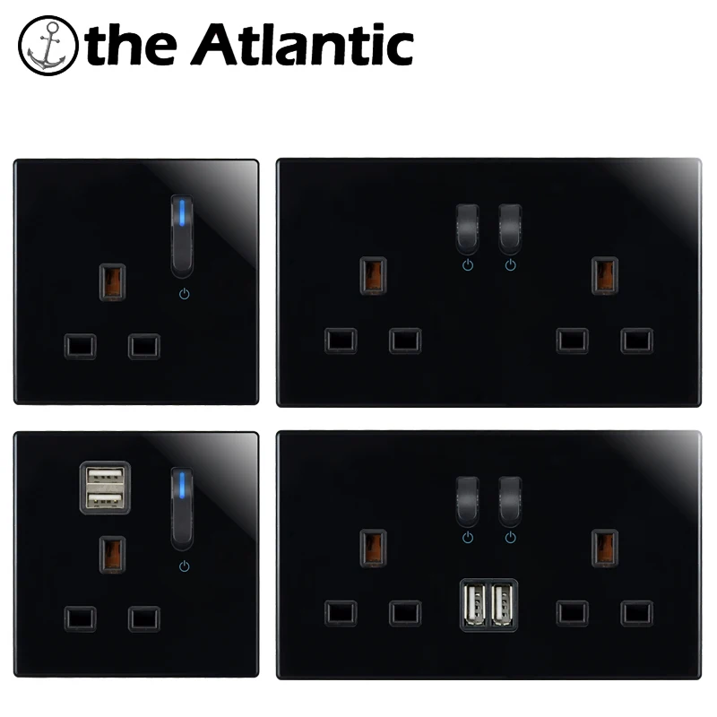 

13A UK Plug Power Socket With USB Charger Wall Outlet Double Outlet Piano Key Switch Black Glass Singapore Ireland Malta Socket