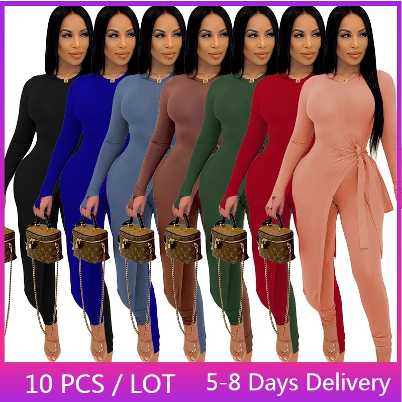 

Оптовая продажа, обтягивающие комплекты из 2 предметов, женский модный длинный топ с Боковым Разрезом и брюки, уличные модные комплекты для женщин