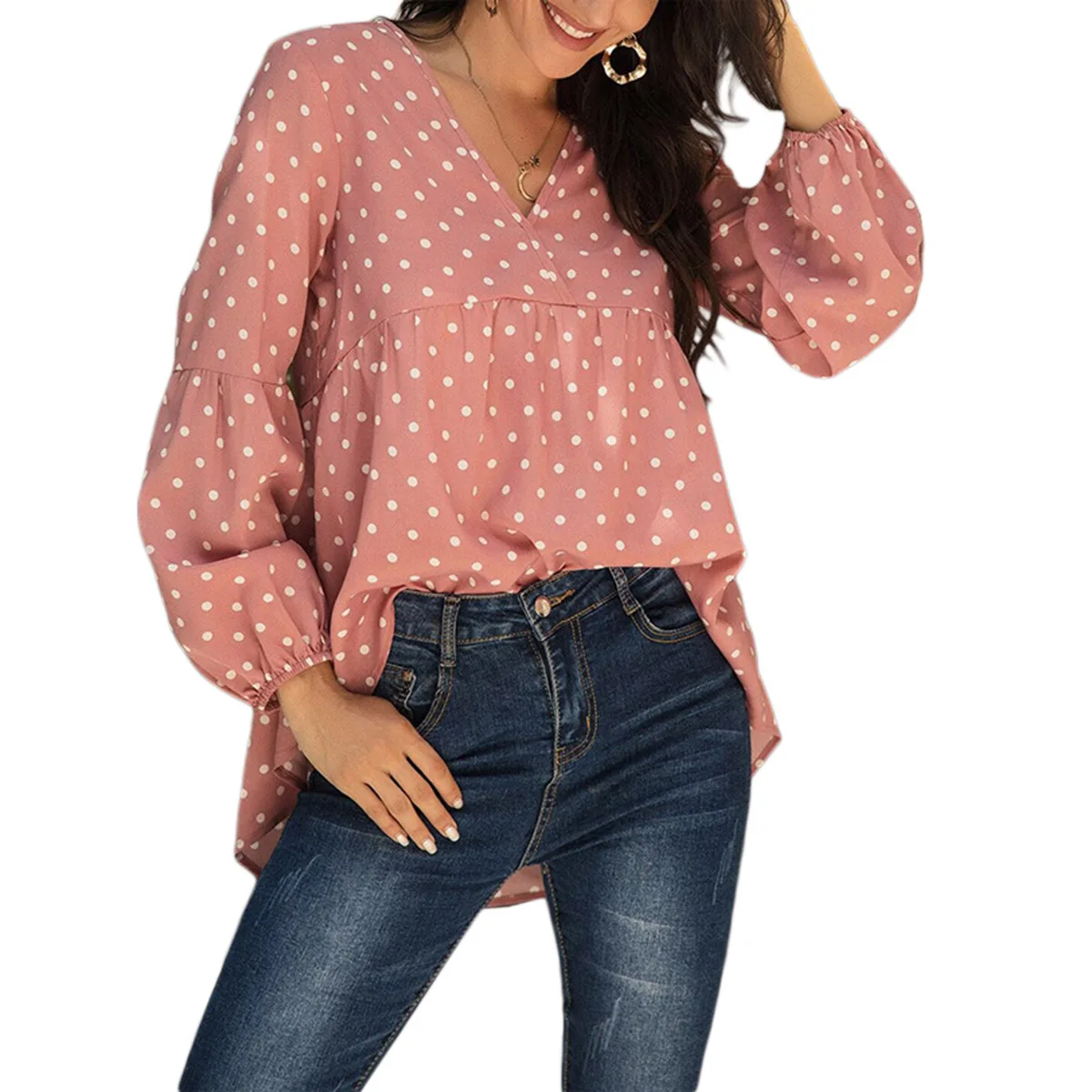 

Women Clothes Long Sleeve Chiffon Blouses Casual All-match Loose Polka Dot V-neck Shirts Pullover Tops