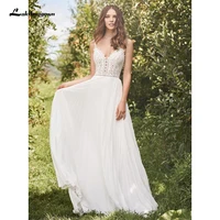 lakshmigown lace plunge a line wedding dress with accordion pleated chiffon skirt 2021 bohemian wedding dresses spaghetti straps
