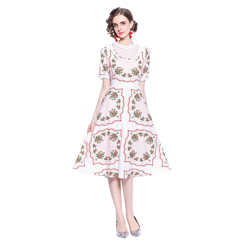 

2021 Newest Summer Short Sleeve Girl`s Dress Vintage Palace Print O-Neck Fashion Runway Elegant Party Midi Dress Ladies Vestidos