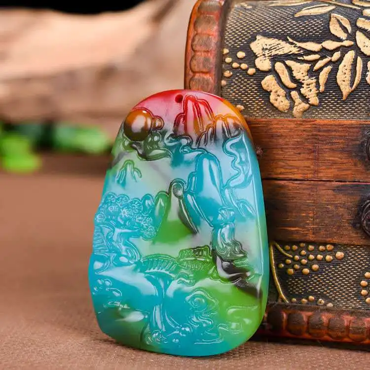 

Natural Xinjiang Colorful Jade Pendant Charm Jewellery Women's Hand-Carved Necklace for Women Men Fashion Accessories
