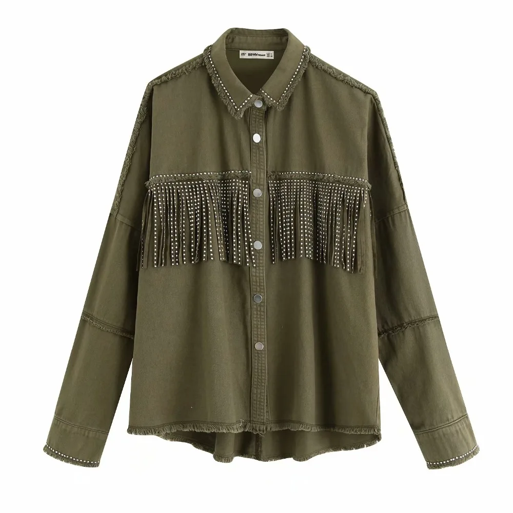 

Vintage Denim Studded Fringed Lapel Long Sleeves Female Jacket Hot Drill Single Breasted Irregular Harajuku Chic Women's Tops