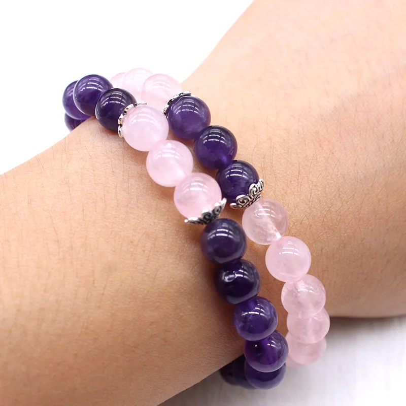 8mm Natural Stone Pink Crystal Quartz Bracelet Purple Amethysts Beads Lotus Strand Buddha for Women Girl Love Gifts | Украшения и