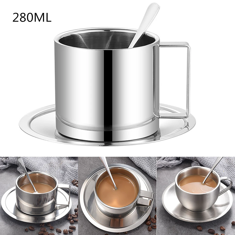 

Кофейная чайная чашка и блюдце в комплекте, чайные чашки из нержавеющей стали 304, чашки для латте, простые чашки для завтрака, кофейные кружк...