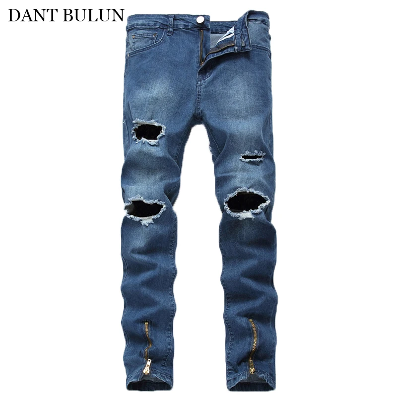 Streetwear Men's Jean Skinny Slim Fit Jeans Male Ripped Destroyed Holes Trousers Zipper Legs Pants White Khaki Blue For Men | Мужская