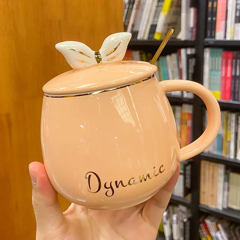 

450ML Ins Style Light Luxury Simple Bow Ceramic Cup with Lid Spoon Small Fresh Creative Couple Mark Water Cup