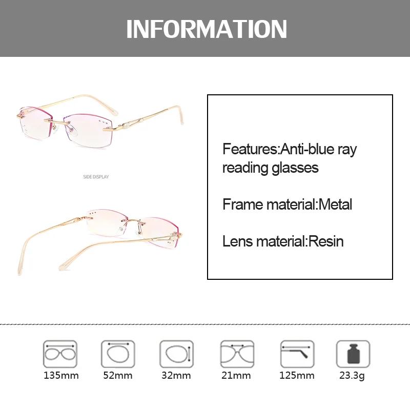

Frameless Eyeglasses Anti Radiation Reading Eye Glasses for Women Best Seller Reader Computer Cellphone Eyewear Plus +150 +200 +