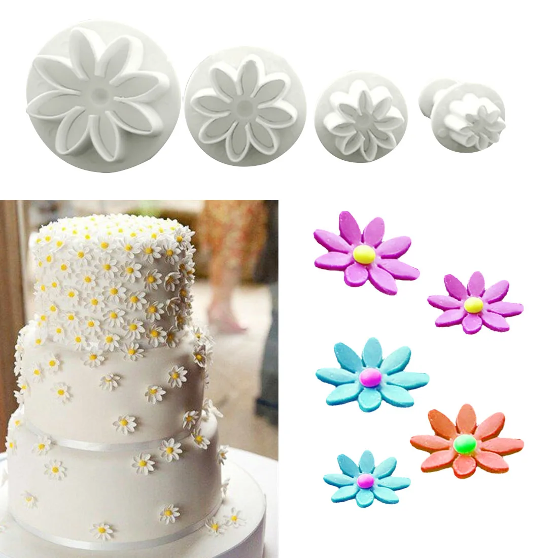 

4Pcs/Set Daisy Flower Cookie Sunflower Plunger Cake decorating tools Cupcake Kitchen fondant Kitchen accessories Cake mold Stand