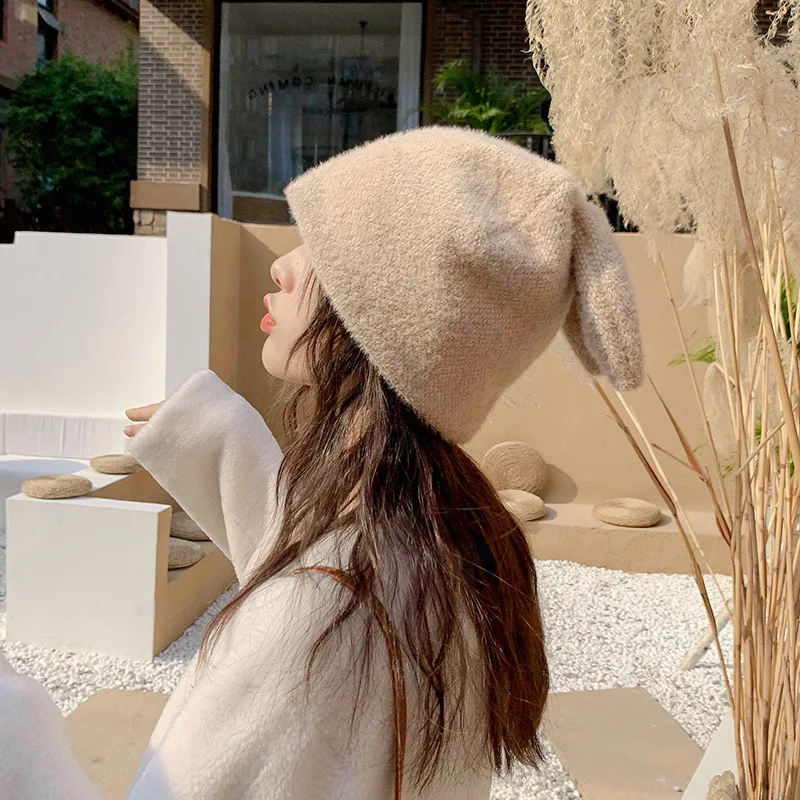 Милая Корейская шерстяная шапка с заячьими ушками синель женская зимняя теплая