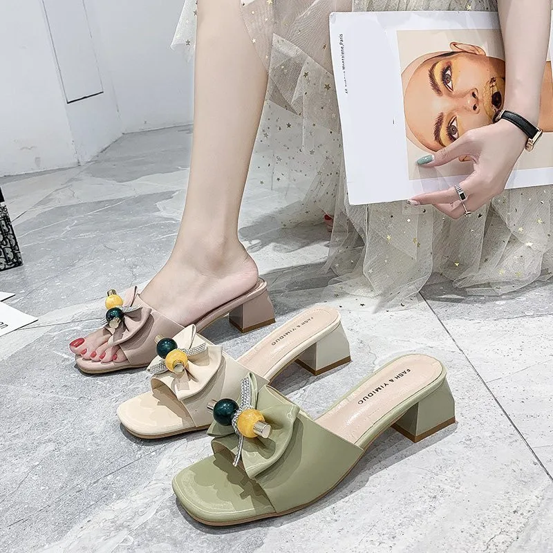 

Shoes Woman 2021 Med Slippers Heels Pantofle Square heel Glitter Slides Fashion High New Block Jelly Soft Luxury Crystal Rome Ru