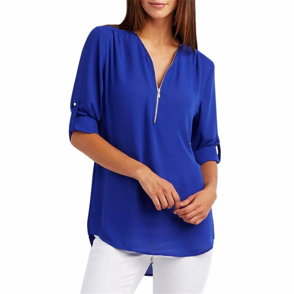 

Women Chiffon Tshirt V-Neck Zipper Irregular Loose Casual Solid Color Tee Spring Summer Plus Size Sexy Tops