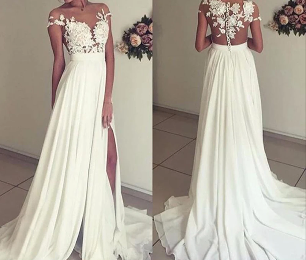 

Шифоновое вечернее платье до бедра, с круглым вырезом, коротким рукавом и разрезом