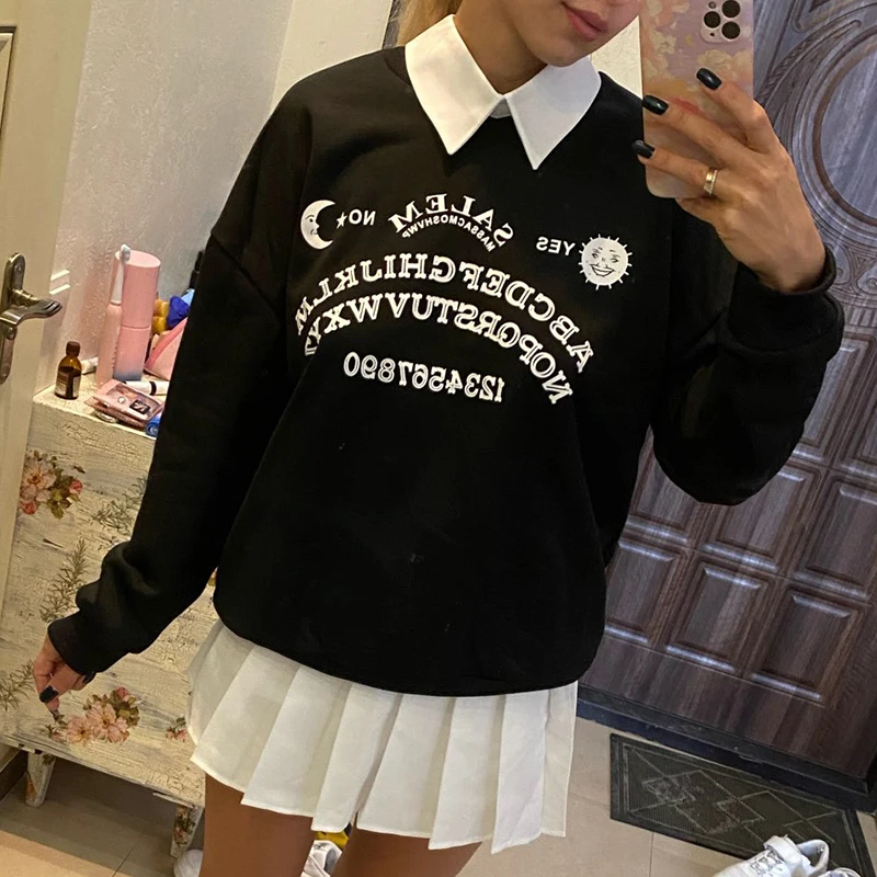 Winter Black Plus Size Sweatshirt Women Harajuku Grunge Gothic Oversized Streetwear Letter Hoodies Long Sleeve Lapel Pullovers