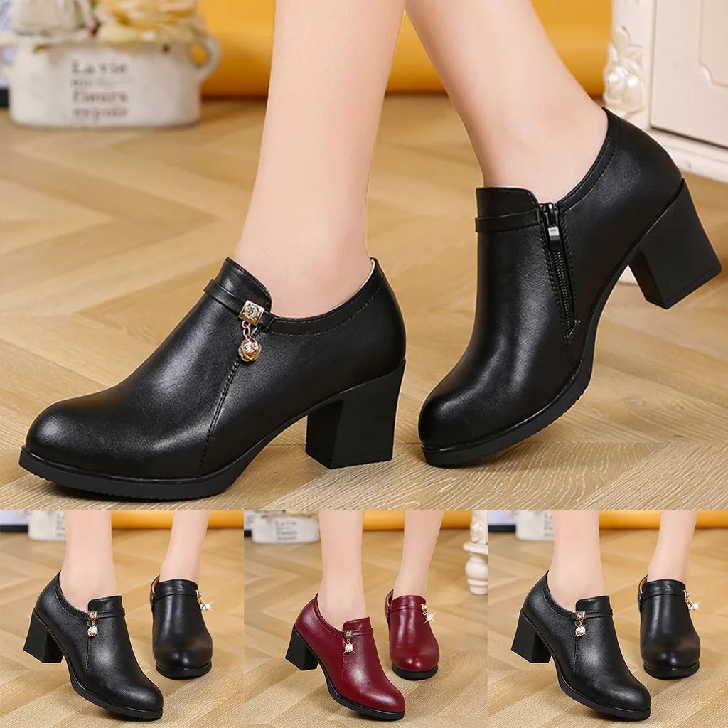 

New Casual Shoes Woman Patent Leather Mid Heel Slip-On Square Heel Solid Simple Large Size Fashionable Casual Shoes Woman