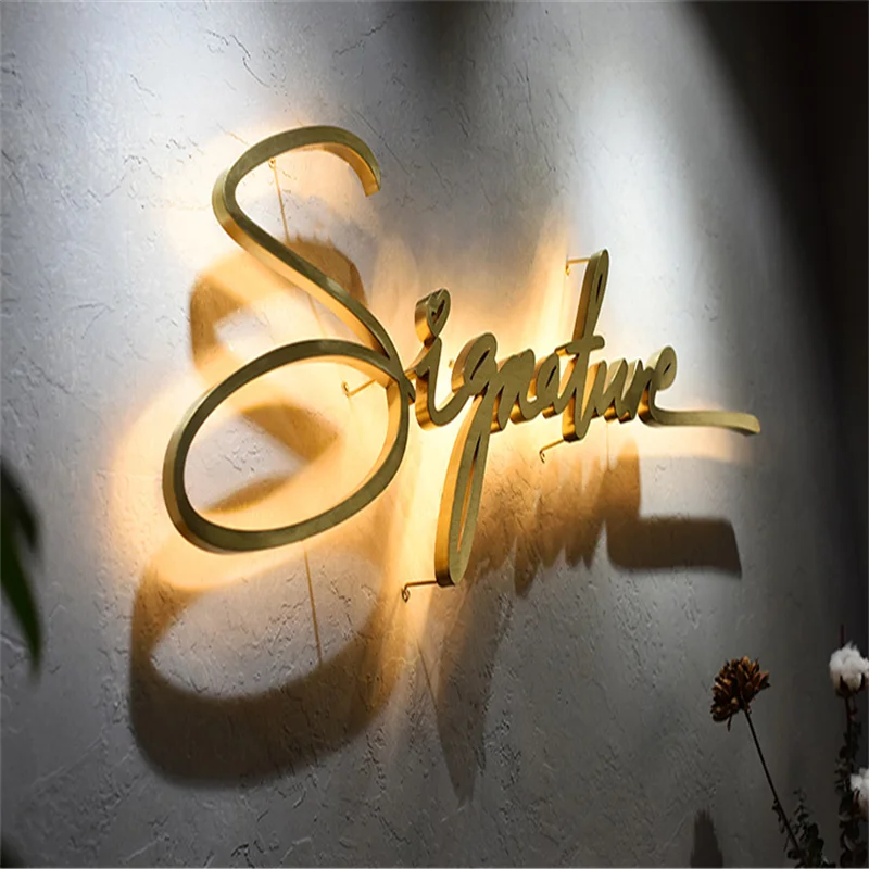 Customized Gold color outdoor stainless steel back lit LED shop signs letters ,exterior rear lit business name logos signboard