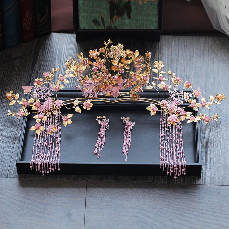 Hairpins JaneVini Роскошные китайские свадебные украшения Головные уборы розовые длинные кисточки палочки для волос золотые шпильки листья бисером свадебные аксессуары для волос - Окраска металла: Hairpins