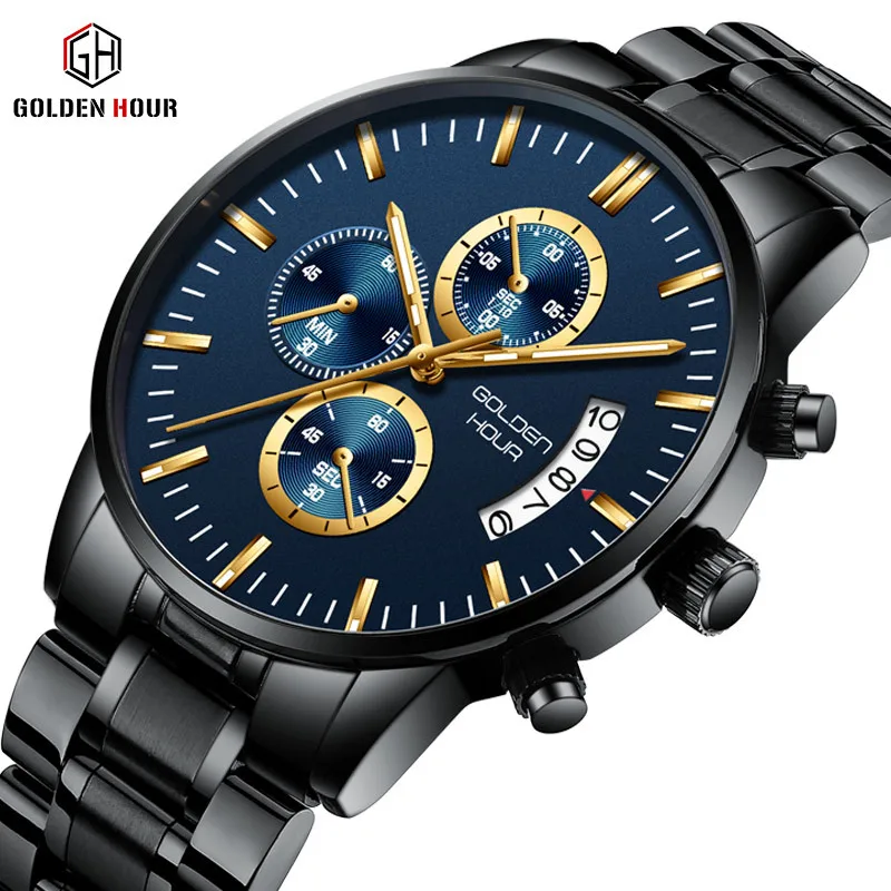 

GOLDENHOUR GH125S Man Quartz Watch Stainless Steel Band Water Resist Chronograph Simple Casual Hand Watch