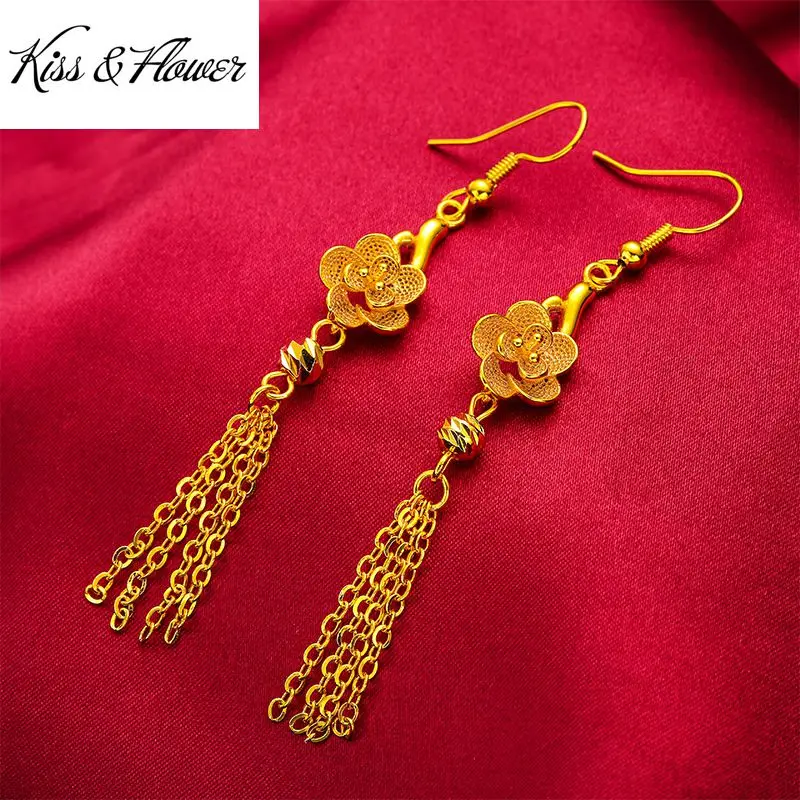 

KISS&FLOWER ER35 Fine Jewelry Wholesale Fashion Woman Girl Birthday Wedding Gift Flower Tassel Exquisite 24KT Gold Drop Earings