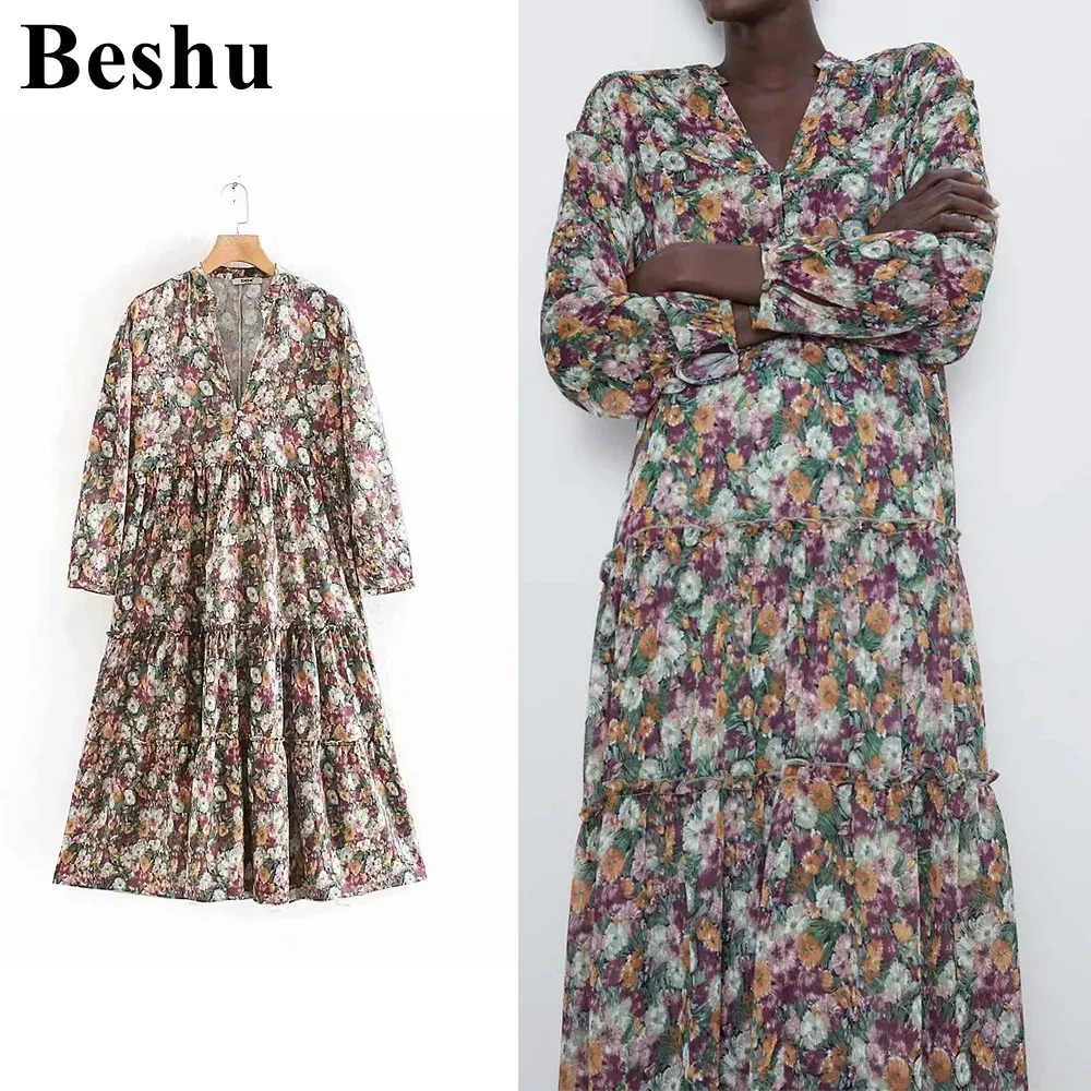 Za 2019 платье с цветочным принтом и v образным вырезом винтажное Каскадное длинным