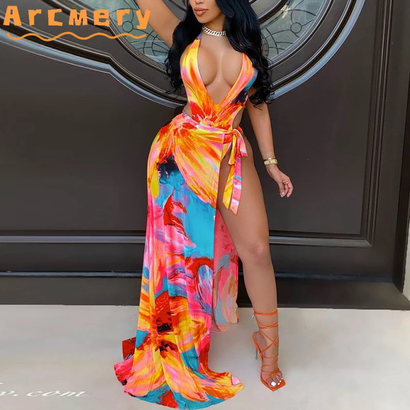 

Women Printed Plunge V-neck Sleeveless Slit Belt Maxi Dress