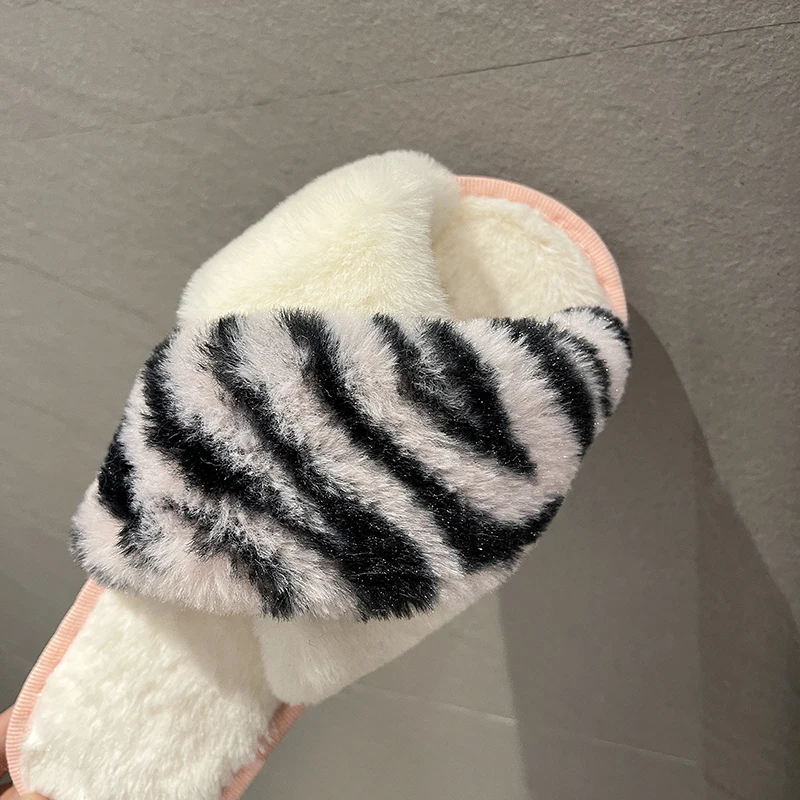 

Winter New Zebra Pattern Home Women Fur Slippers Sexy Open-toe Animal Prints Bedroom Girls Plush Shoes Ladies Fuzzy Slippers