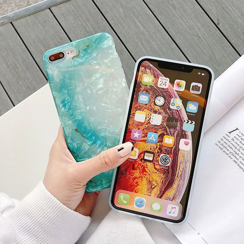 Simple Marble Pattern Phone Case for iPhone 6 6s 7 8 Plus X Xs XR Max Conch Shell Translucent Bling Back Cover |