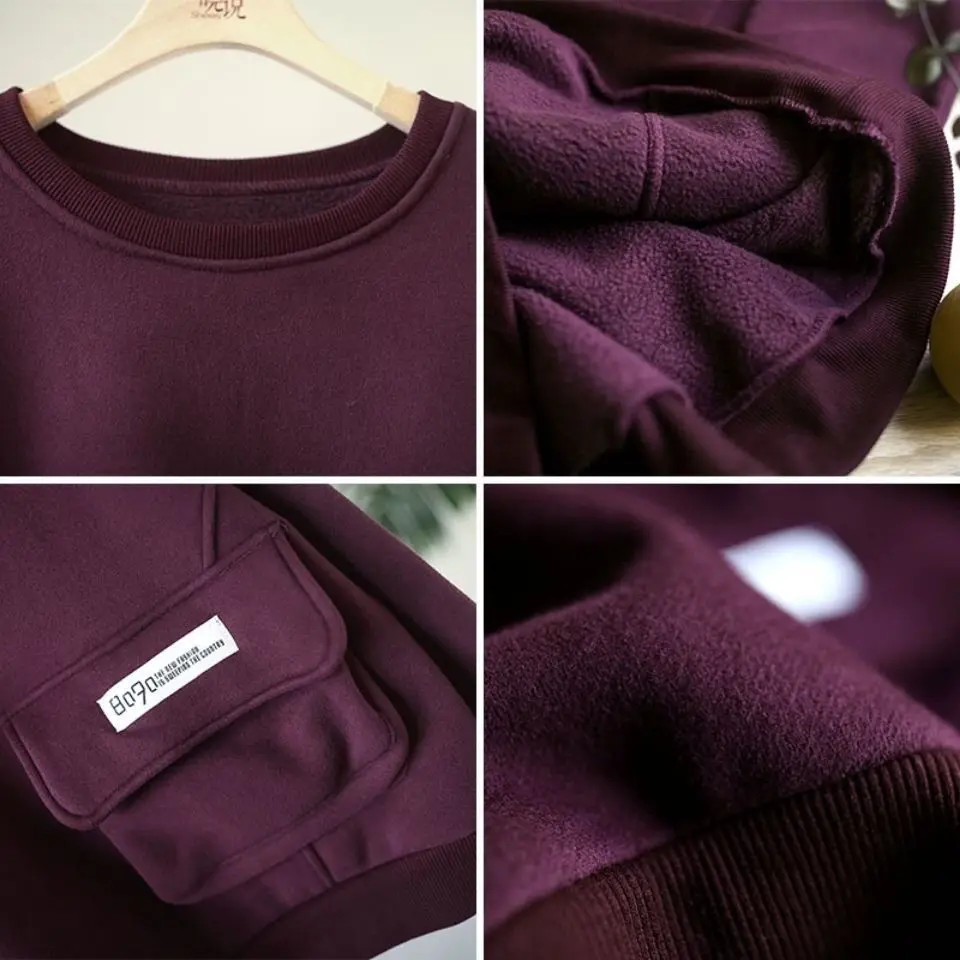 

Hoodies Women Winter O-neck Plus Velvet Thicken Large Size 3XL Drop-shoulder Vintage Retro BF Couples Pockets Streetwear Ulzzang