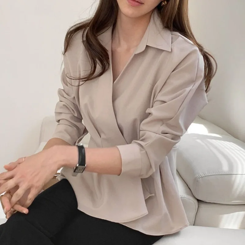 

Новинка Весна 2021, корейский шикарный нестандартный дизайн, тонкая рубашка-топ с длинными рукавами в западном стиле