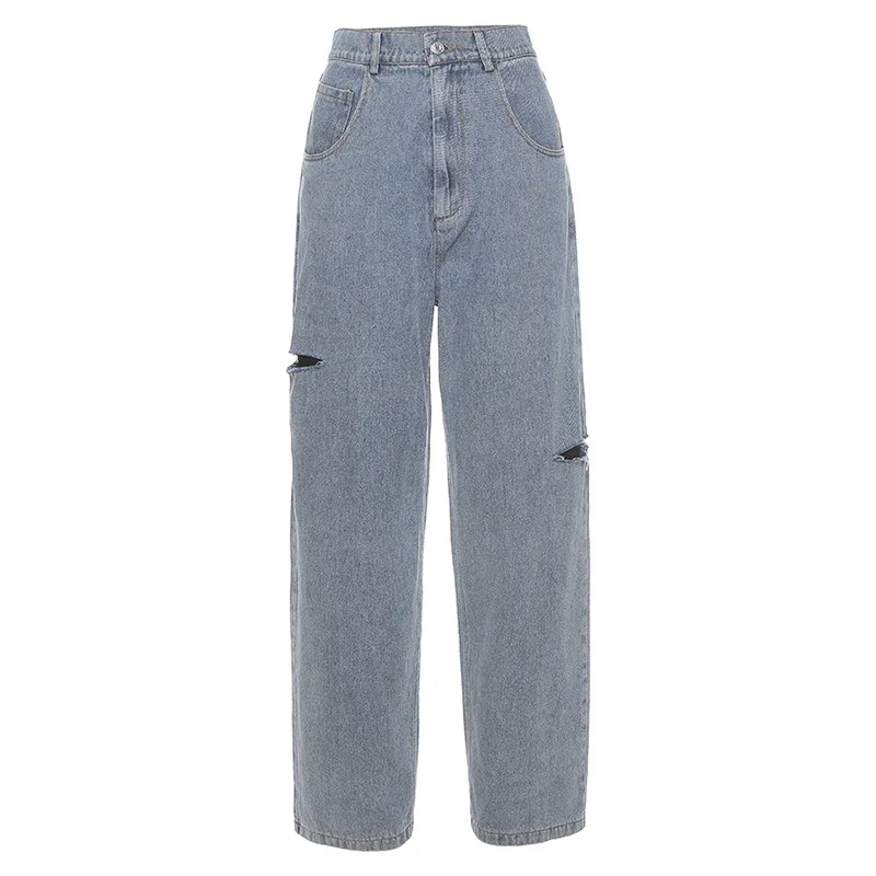 

Women Casual Jeans Fashion Hole Pants High Waist Straight Pant Slim Streetwear Femme Bottoms Lady Trousers 2020 New