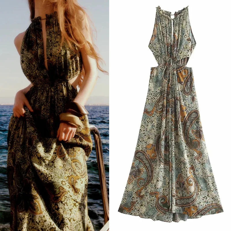 

Za 2021 Print Cut Out Dress Woman Long Summer Dress Vintage Sleeveless Midi Women Dresses Ruched Tied Elegant Dresses