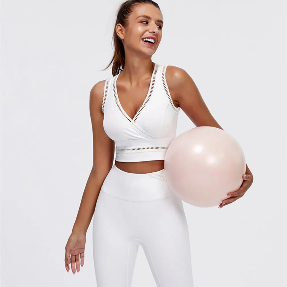 

2 Piece Set Workout Clothes Women Sexy V Neck Sports Bra + Leggings Fitness Set Sportswear Women Gym Clothing Athletic Yoga Set