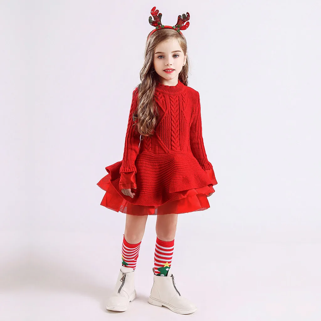 Платье для маленьких девочек vestido Infantil Menina فساتين اطفال Детское платье Рождество однотонный теплый свитер вязаная крючком повязка на голову Z4