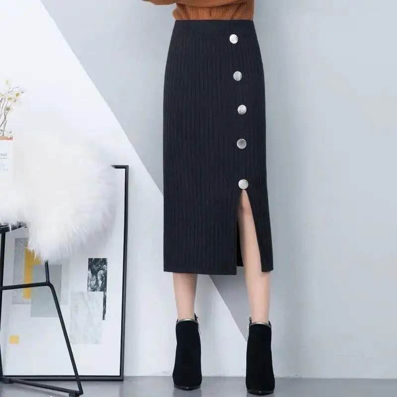 Женская Осенняя трикотажная юбка с высокой талией теплая элегантная вязаная в