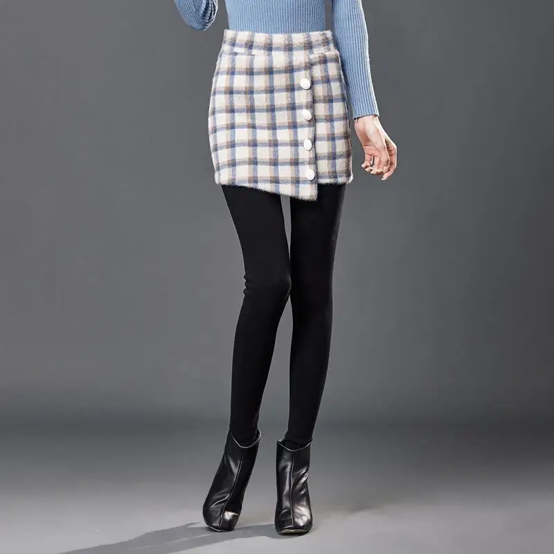 2021 Women's Leggings Woolen Skirt Stretch Fake Two-Piece Hip-Wrapped Skirted Leggings Velvet High Waist Thermal Pants Plaid