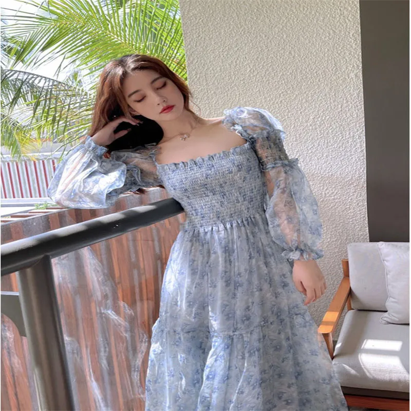 

Женское кружевное платье средней длины, элегантное пляжное платье Бохо с квадратным вырезом и рукавами-фонариками, праздничное цельное платье в Корейском стиле, лето 2021