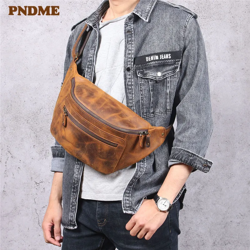 PNDME vintage crazy horse cowhide men chest bag multi-function genuine leather waist pack real leather shoulder messenger bags