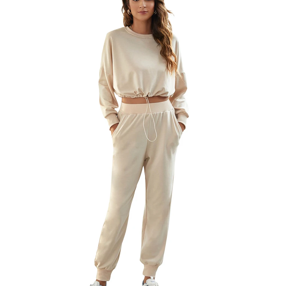 

Women Jogging Outfits Crop Tops+Pants Warm Yoga Long Sleeve Sports Drawstring Loungewear Autumn Spring Sets