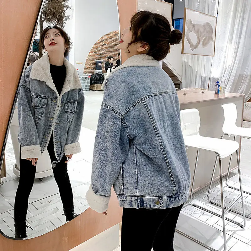 

Casual Denim Jacket Women Lamb Wool Jackets Short Jean Coat Thick Warm Outerwear Female Fashion Loose Winter Jacket High quality