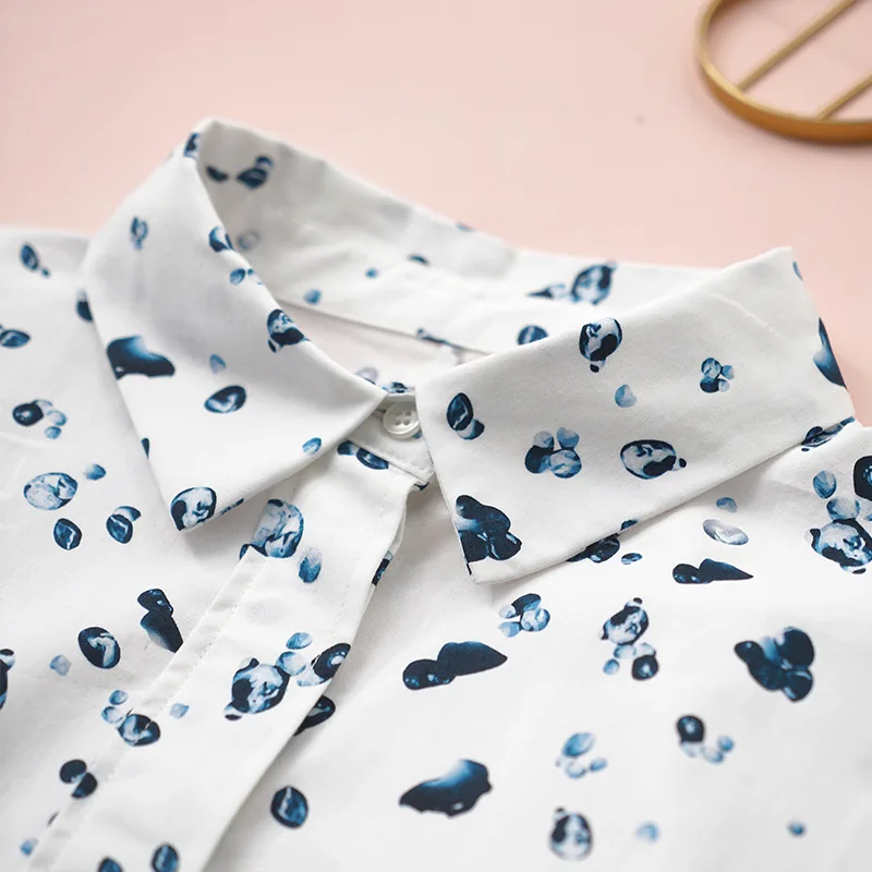 

Women Cotton Shirt Nine Quarter Sleeve Water Drop Printing Turn-down Collar Loose Blouse