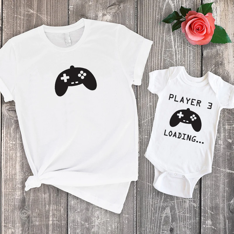 

Player 3 Loading Gamer Family Clothing Pregnancy Matching Family Outfits 2022 Summer Mom and Me Matching Tee Fashion Print