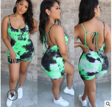 

Women's Sexy Spaghetti Suspender Jumpsuit Sexy Tie Dye Printed Sleeveless Low Chest Slim Fitting Shorts Jumpsuit