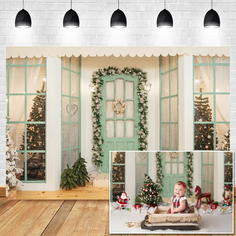

Christmas Window Backdrop for Light Green Door Newborn Children Birthday Photocall Background Photo Studio Christmas Trees Decor