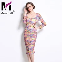 merchall sexy package hip mesh dress 2022 spring females square collar long sleeve ruched elastic party dresses vestidos m66239