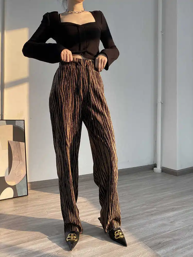 

DEAT 2021 New High Waist Velvet Full Length Autumn And Spring Striped Fashion Long Pants Female Trousers WS80216L