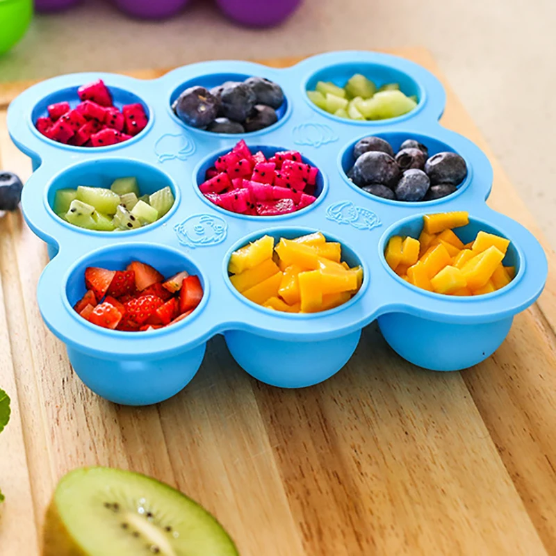 

DIY Food Grade Ice Grid 9-hole Food Supplement Box Baby Round Silicone Popsicle Mold with Cover High Temperature Resistance