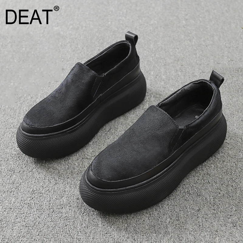 DEAT/женские матовые кожаные туфли с круглым носком из конского волоса на толстой