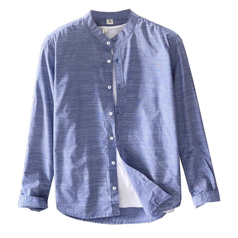 

2021 Men's long striped stand collar cotton casual shirt blue red gray Asian size full sleeve shirts men