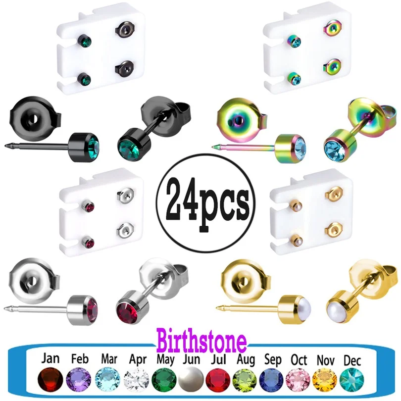 

12pairs Birthstone Stud Earring Set Crystal CZ Top Daith Ear Studs Jewelry Classic Girl Kid Student Jewellery Round Piercing